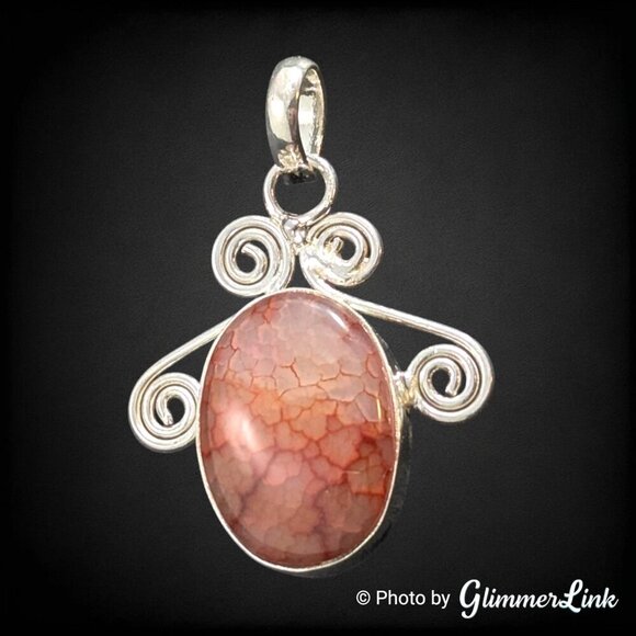 Red Orange Dragon Vein Oval Cabochon Scrollwork Silver Plated Pendant - Picture 1 of 8